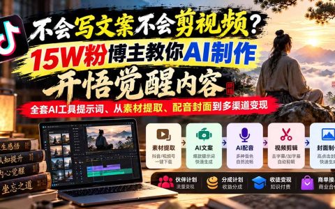 零基础AI开悟觉醒短视频教程：15W粉博主手把手教你文案提取配音剪辑封面与多渠道变现