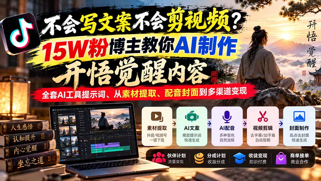 零基础AI开悟觉醒短视频教程:15W粉博主手把手教你文案提取配音剪辑封面与多渠道变现 零基础AI开悟觉醒短视频教程:15W粉博主手把手教你文案提取配音剪辑封面与多渠道变现