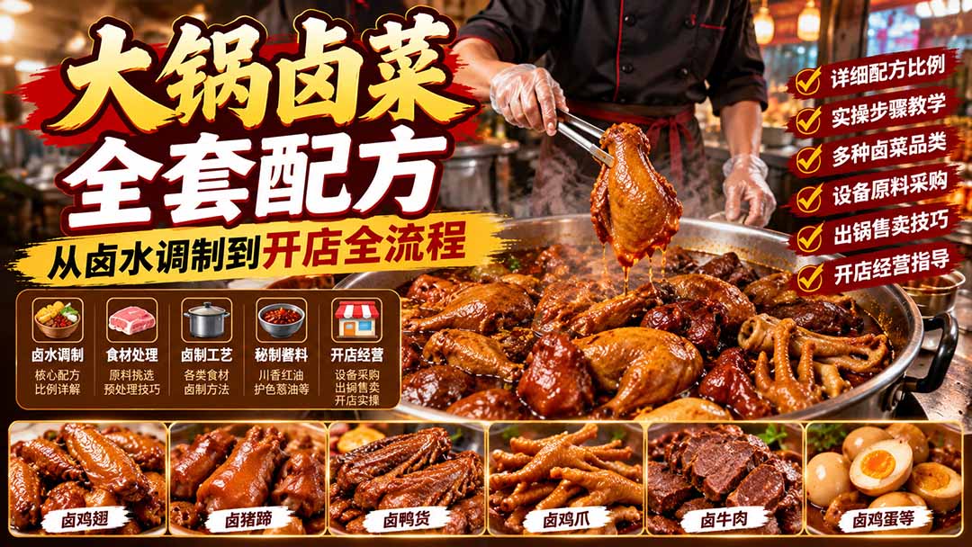 大锅卤菜全套配方:卤水调制到开店摆摊全流程,含红油葱油制作与食材处理 大锅卤菜全套配方:卤水调制到开店摆摊全流程,含红油葱油制作与食材处理