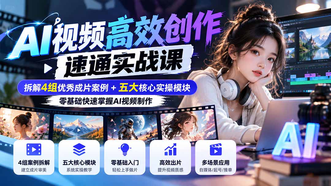 零基础AI视频创作速通实战课:4组案例+5大模块,高效出片接单 零基础AI视频创作速通实战课:4组案例+5大模块,高效出片接单