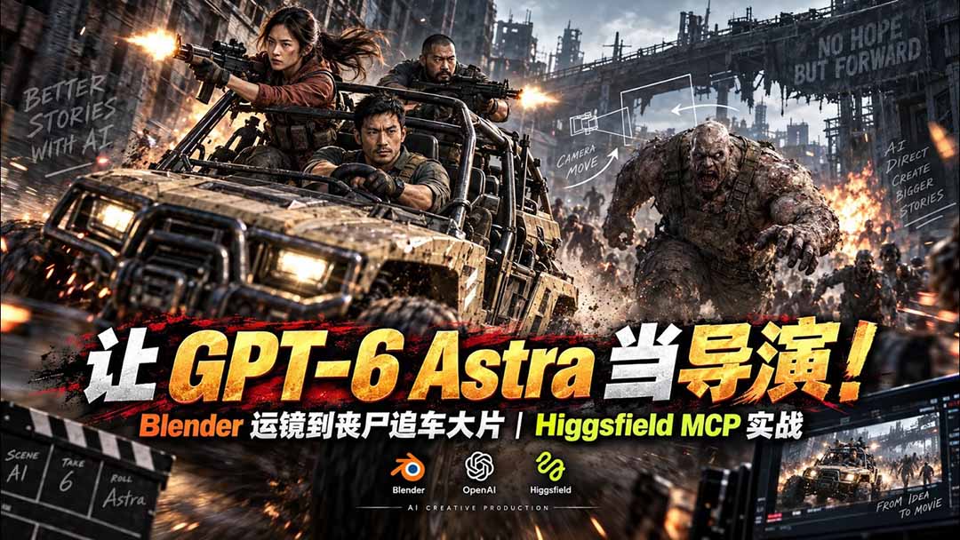 GPT-6 Astra导演实战：Blender运镜+Higgsfield AI视频生成丧尸追车教程