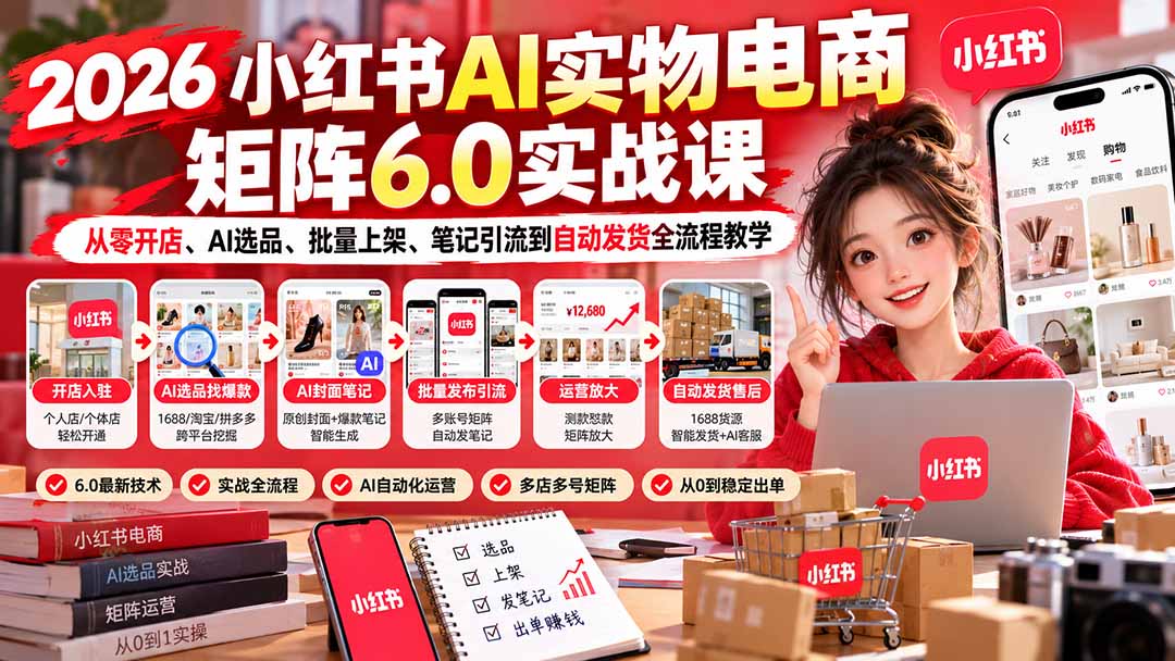 2026小红书AI实物电商矩阵6.0实战：零基础开店AI选品批量上架笔记引流自动发货全流程