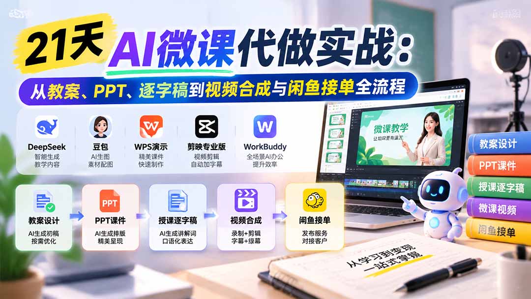 21天AI微课代做实战：DeepSeek教案+PPT+逐字稿+剪映视频合成与闲鱼接单全流程
