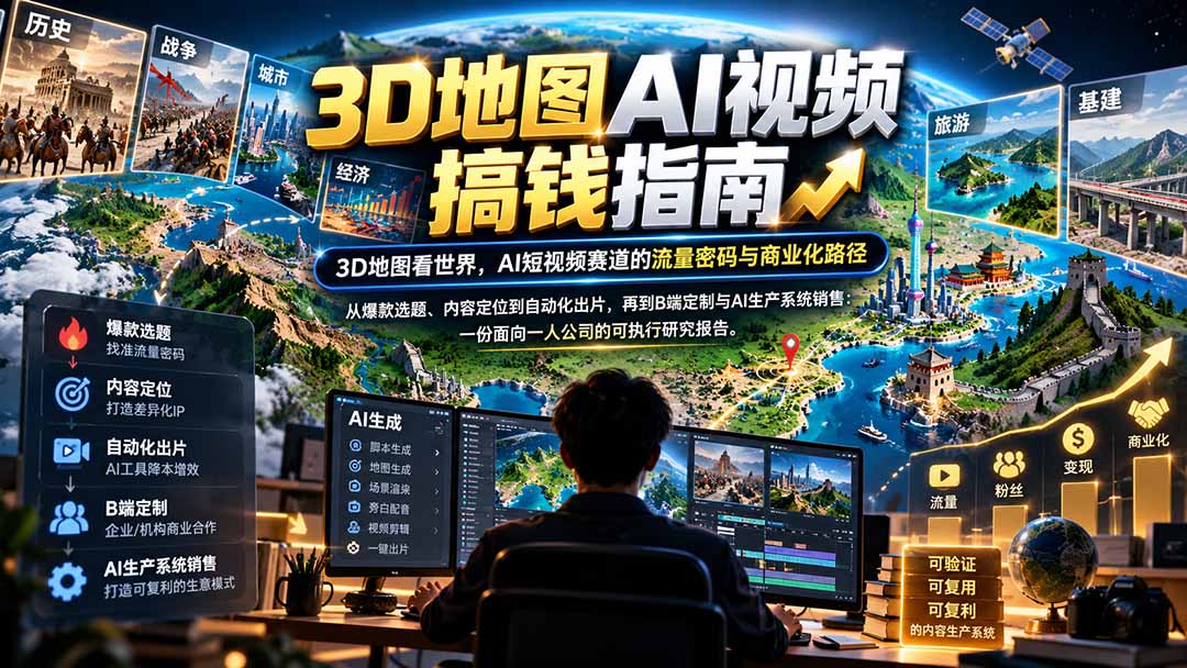 3D地图AI视频搞钱指南：一人公司短视频流量密码与B端变现路径