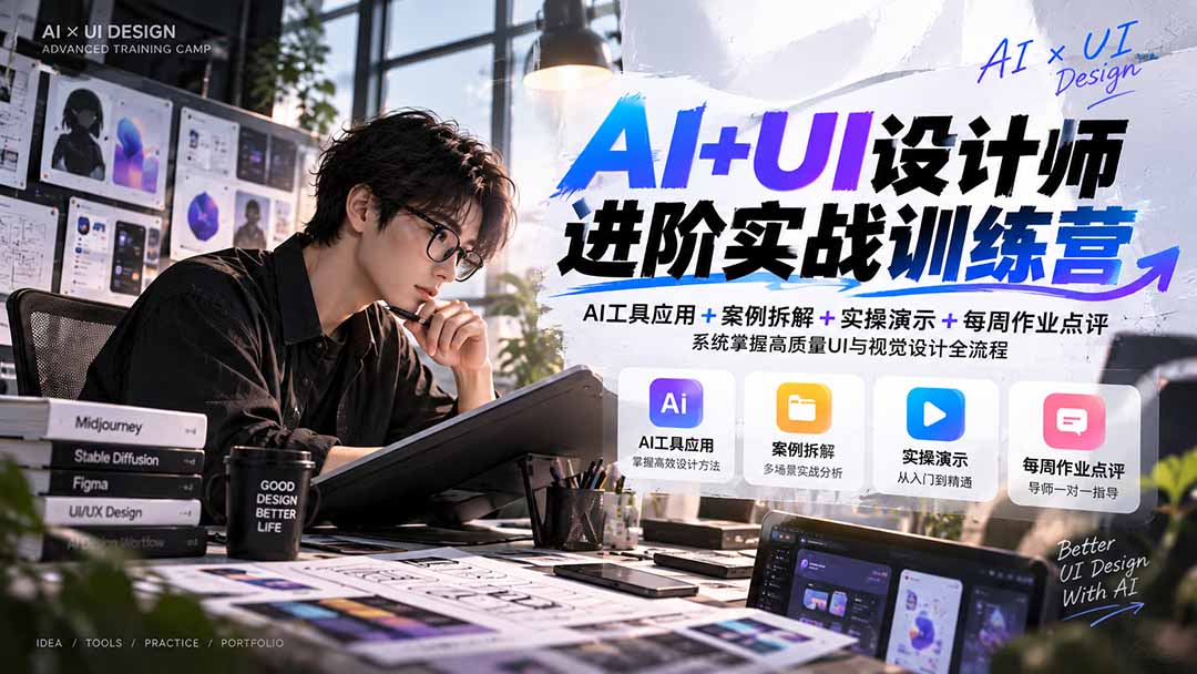 AI+UI设计师进阶训练营第4期：AI工具应用+案例拆解+实操演示+作业点评，掌握UI与视觉设计全流程