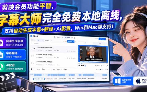 剪映平替！字幕大师免费离线：自动字幕翻译配音，Win/Mac通用
