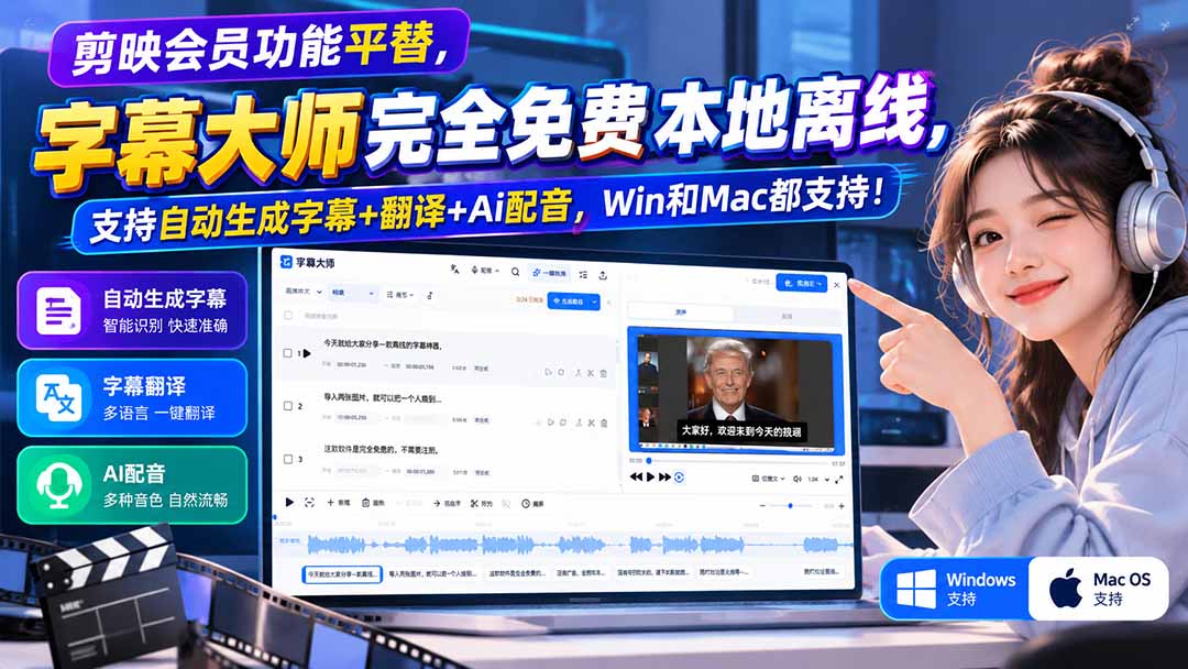 剪映平替！字幕大师免费离线：自动字幕翻译配音，Win/Mac通用