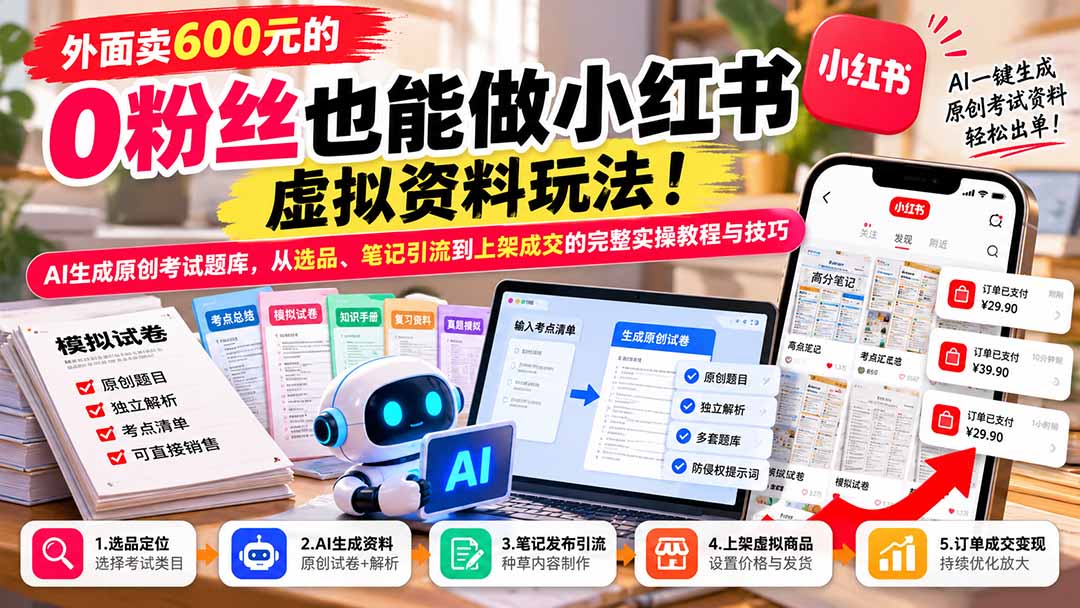 零粉丝小红书虚拟资料玩法：AI生成原创考试题库，笔记引流到上架成交