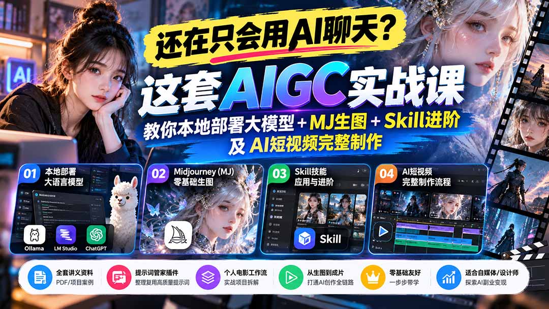 零基础AIGC实战课：本地部署大模型+MJ生图+Skill进阶+AI短视频制作全流程