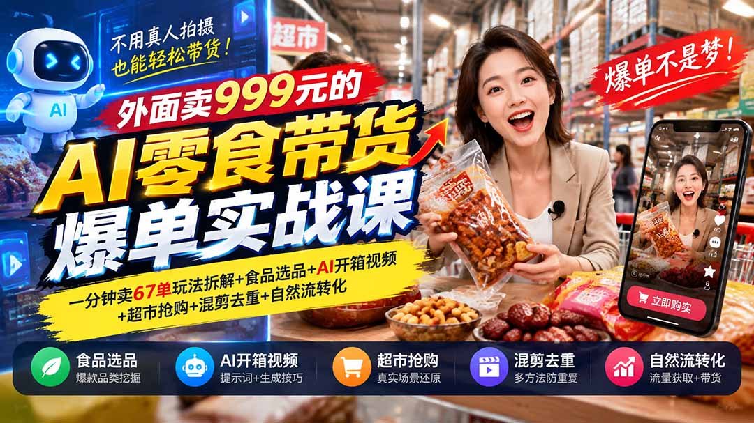 AI零食带货爆单课：食品选品+AI开箱视频+混剪去重自然流转化