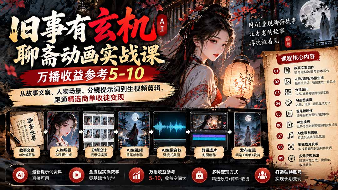 AI聊斋动画课：旧事有玄机9月新课，文案分镜生视频，万播5-10商单收徒