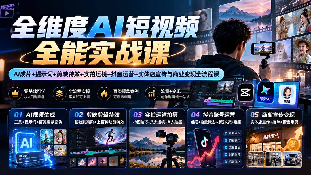 全维度AI短视频实战课：豆包即梦+剪映特效+抖音运营变现