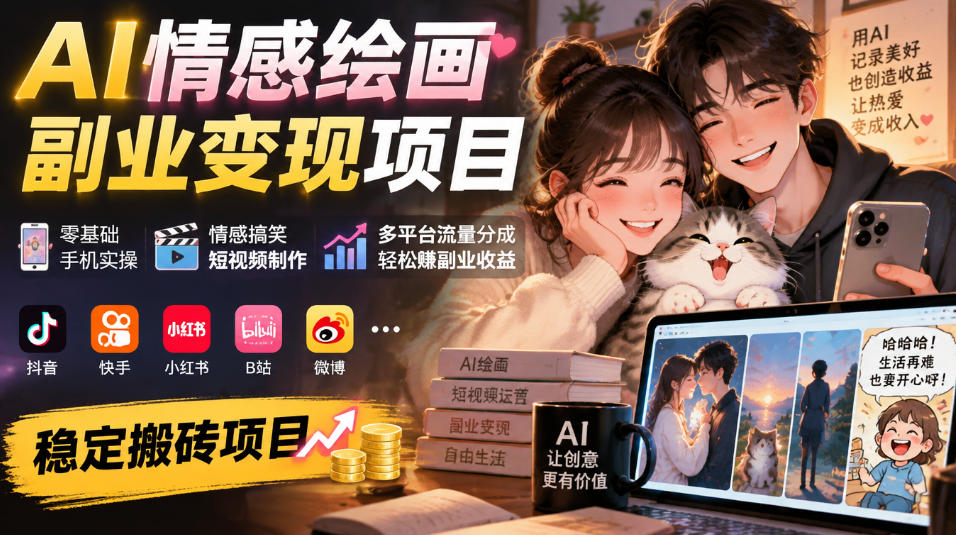 AI情感绘画副业变现｜手机零基础做情感搞笑短视频，多平台流量分成