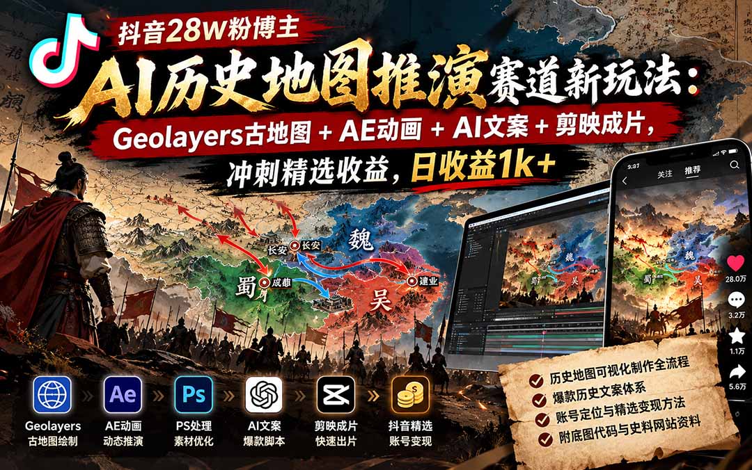 抖音28W粉博主AI历史地图推演：Geolayers+AE+剪映全流程