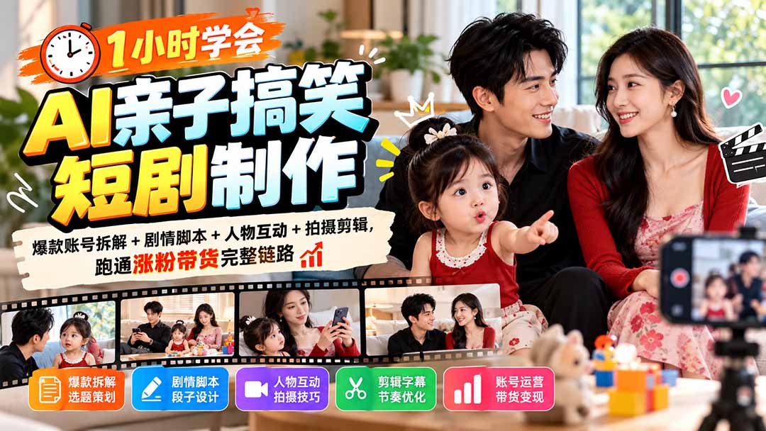1小时学会AI亲子搞笑短剧制作，爆款脚本拍摄剪辑涨粉带货