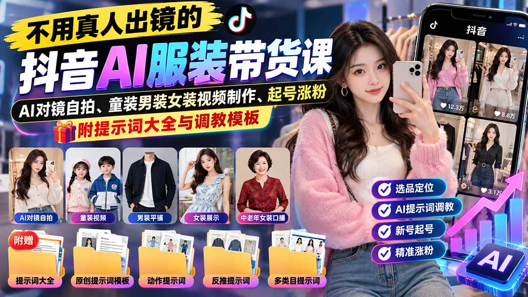 抖音AI服装带货课:AI对镜自拍+童装男装女装视频制作,零基础起号涨粉附提示词 抖音AI服装带货课:AI对镜自拍+童装男装女装视频制作,零基础起号涨粉附提示词