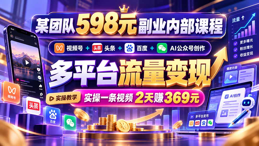 598元副业课：视频号+头条百度分发+AI公众号创作，多平台流量变现实操