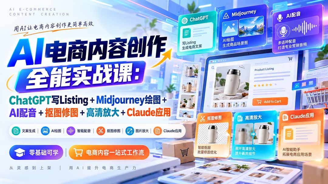 AI电商内容创作实战：ChatGPT写Listing+Midjourney绘图+AI配音抠图修图全流程
