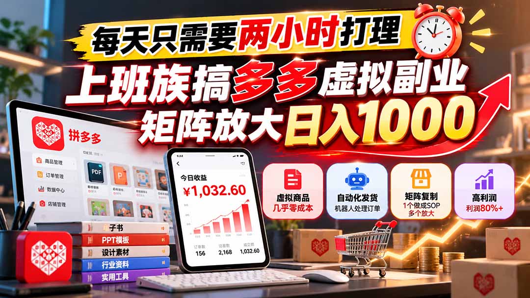 上班族每天2小时做拼多多虚拟副业，矩阵放大变现100步骤0