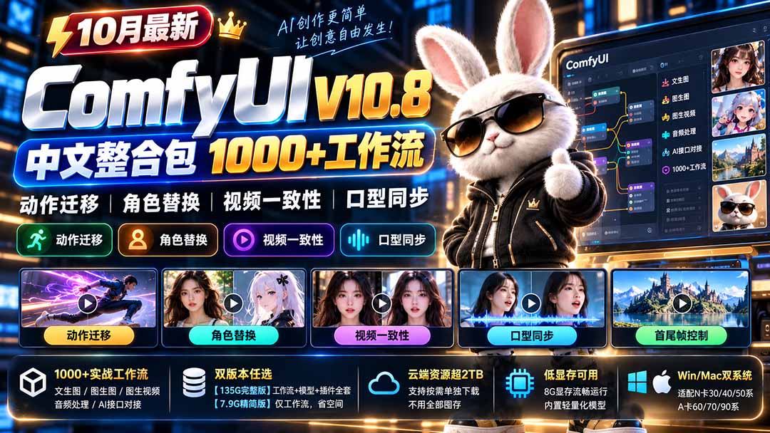 ComfyUI V10.8中文整合包 100步骤0+工作流 动作迁移 角色替换 视频一致性 口型同步 低显存可用
