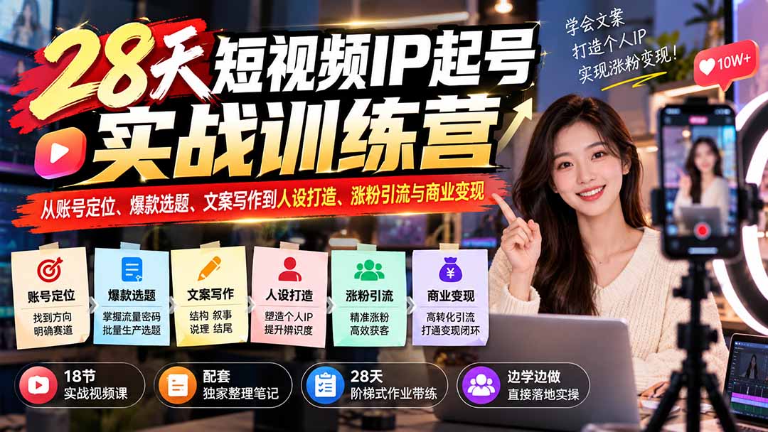 28天短视频IP起号训练营：账号定位+爆款选题+文案写作+涨粉变现