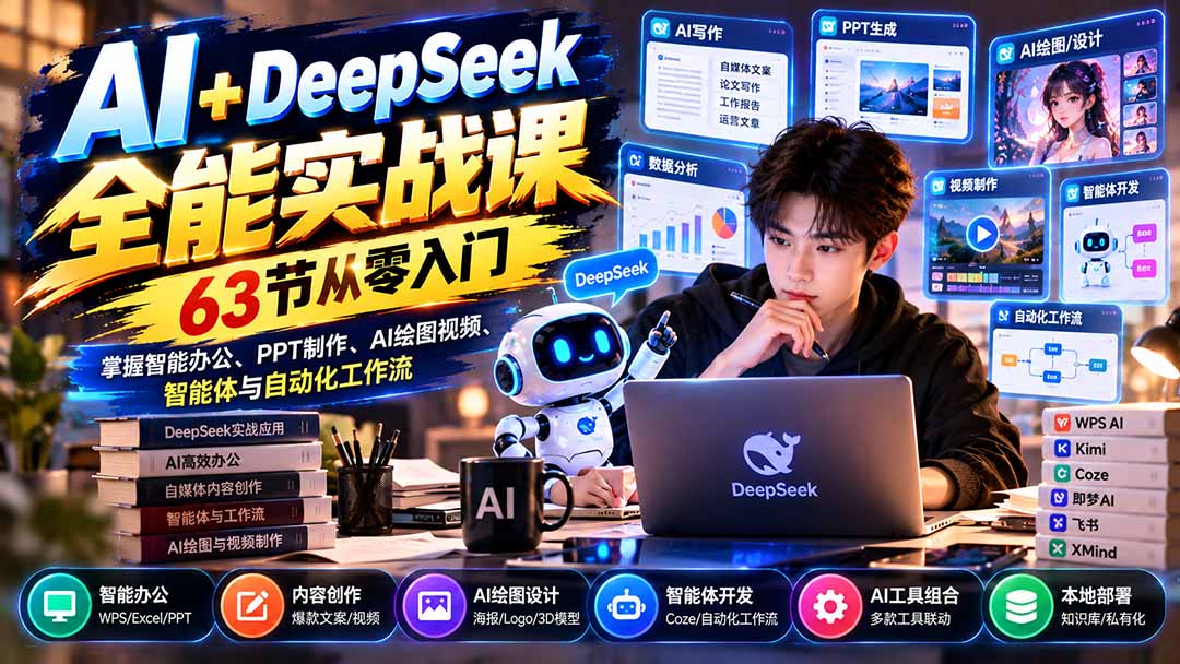 AI+DeepSeek全能实战课：63节零基础掌握智能办公PPT绘图视频智能体与自动化工作流