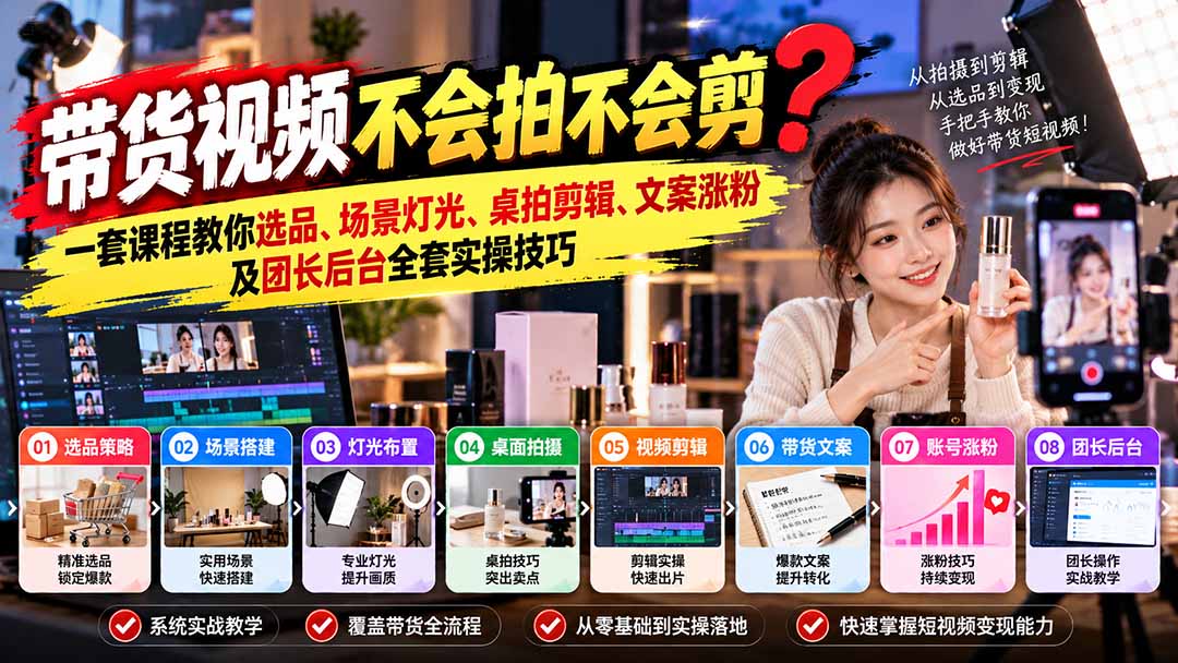 短视频带货拍摄剪辑运营实操课：选品场景灯光桌拍文案涨粉团长后台