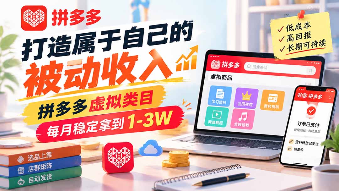 拼多多虚拟类目被动收入教程：单店变现100方法多店矩阵月稳1-3W