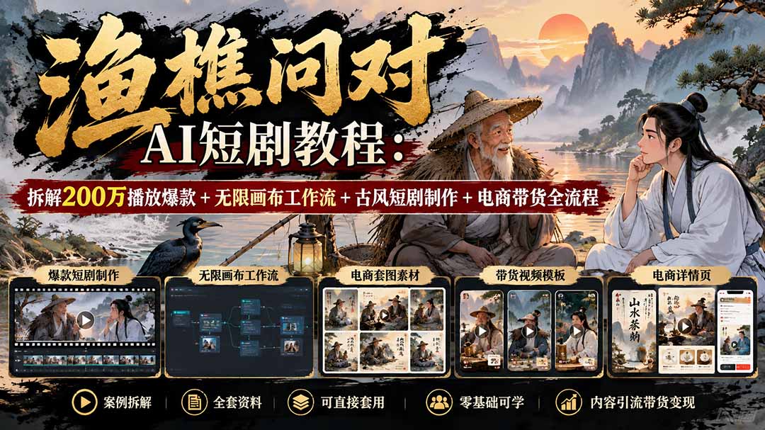 渔樵问对AI短剧教程：无限画布工作流+古风短剧制作+电商带货
