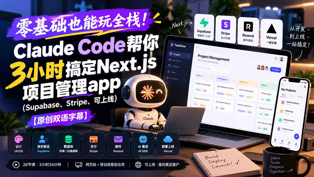 零基础3小时用Claude Code搞定Next.js全栈项目管理App｜Supabase+Stripe可上线