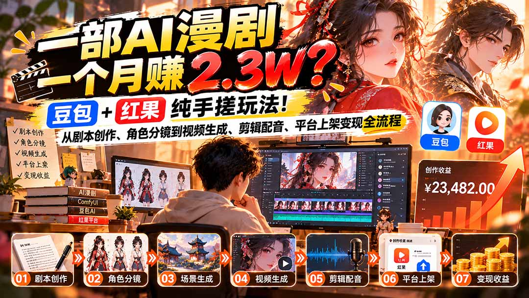 豆包+红果AI漫剧教程：零基础ComfyUI图生视频到上架变现全流程