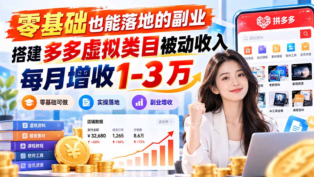 零基础副业｜拼多多虚拟电商实操，自动发货月增收1-3万