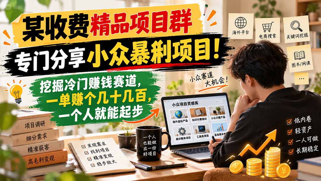 小众蓝海项目群:电商平台+关键词搜索法挖掘冷门赚钱赛道,一人可起步 小众蓝海项目群:电商平台+关键词搜索法挖掘冷门赚钱赛道,一人可起步