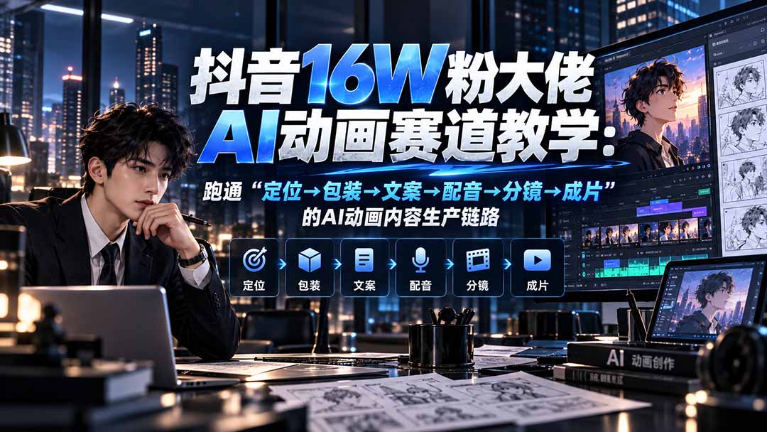 抖音16W粉大佬AI动画赛道教学：定位包装文案配音分镜成片全流程