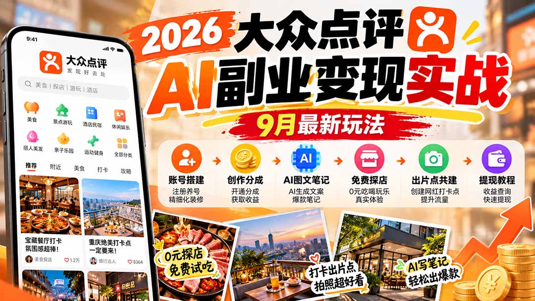 2026大众点评AI副业教程：账号搭建+创作分成+AI笔记+免费探店提现
