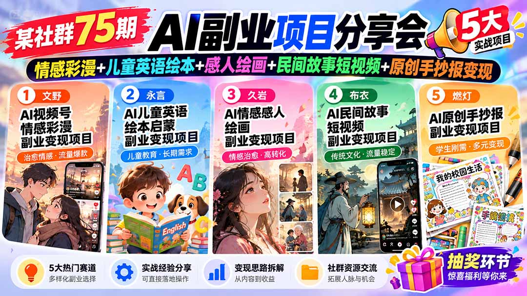 某社群75期AI副业分享会：情感彩漫+儿童英语绘本+感人绘画+民间故事短视频+手抄报变现