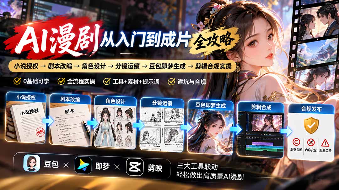 AI漫剧全流程：小说授权剧本改编分镜运镜豆包即梦生成剪辑合规实操