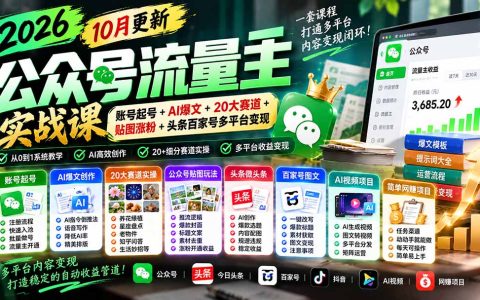 2026公众号流量主实战课：AI爆文+20大赛道+贴图涨粉多平台变现