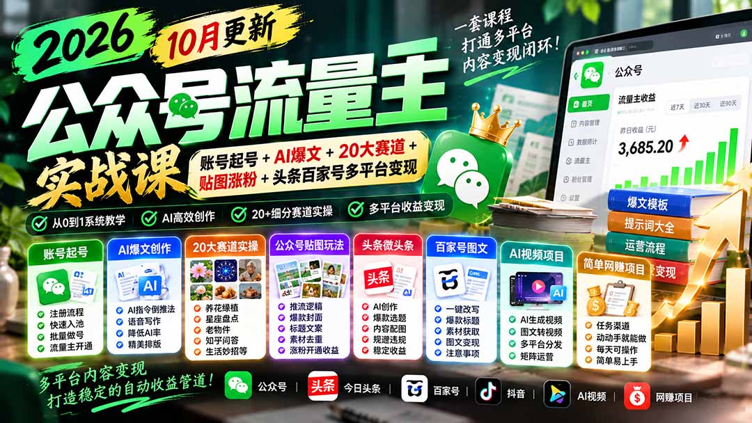 2026公众号流量主实战课：AI爆文+20大赛道+贴图涨粉多平台变现
