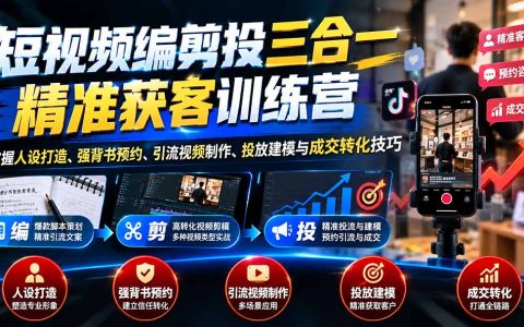 短视频编剪投三合一精准获客训练营：人设预约视频+投放建模成交转化