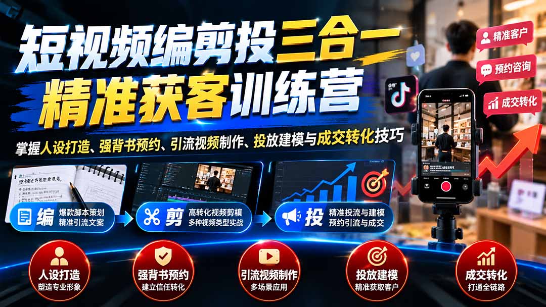 短视频编剪投三合一精准获客训练营：人设预约视频+投放建模成交转化