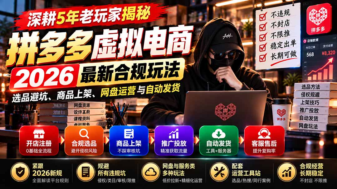 拼多多虚拟电商2026合规玩法：选品上架+阿奇索自动发货+网盘运营避坑