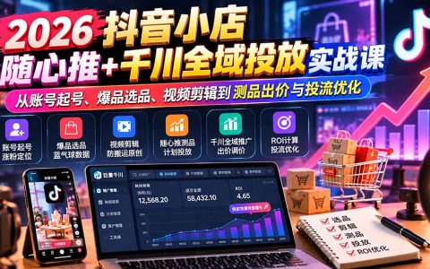 2026抖音小店随心推+千川全域投放实战：起号选品剪辑测品出价ROI优化课