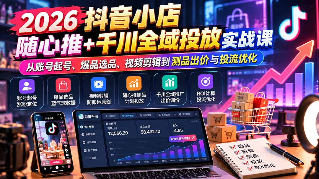 2026抖音小店随心推+千川全域投放实战：起号选品剪辑测品出价ROI优化课