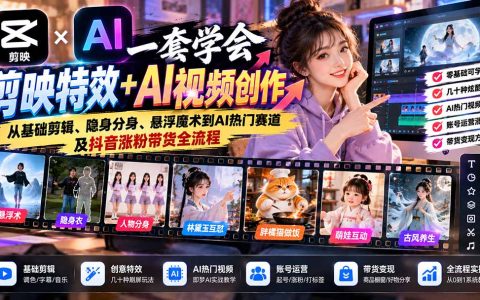 剪映特效+AI视频创作教程：零基础学剪辑、隐身分身、悬浮魔术到抖音涨粉带货