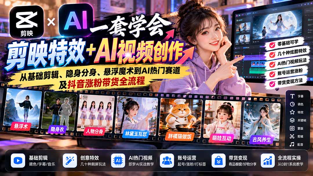 剪映特效+AI视频创作教程：零基础学剪辑、隐身分身、悬浮魔术到抖音涨粉带货