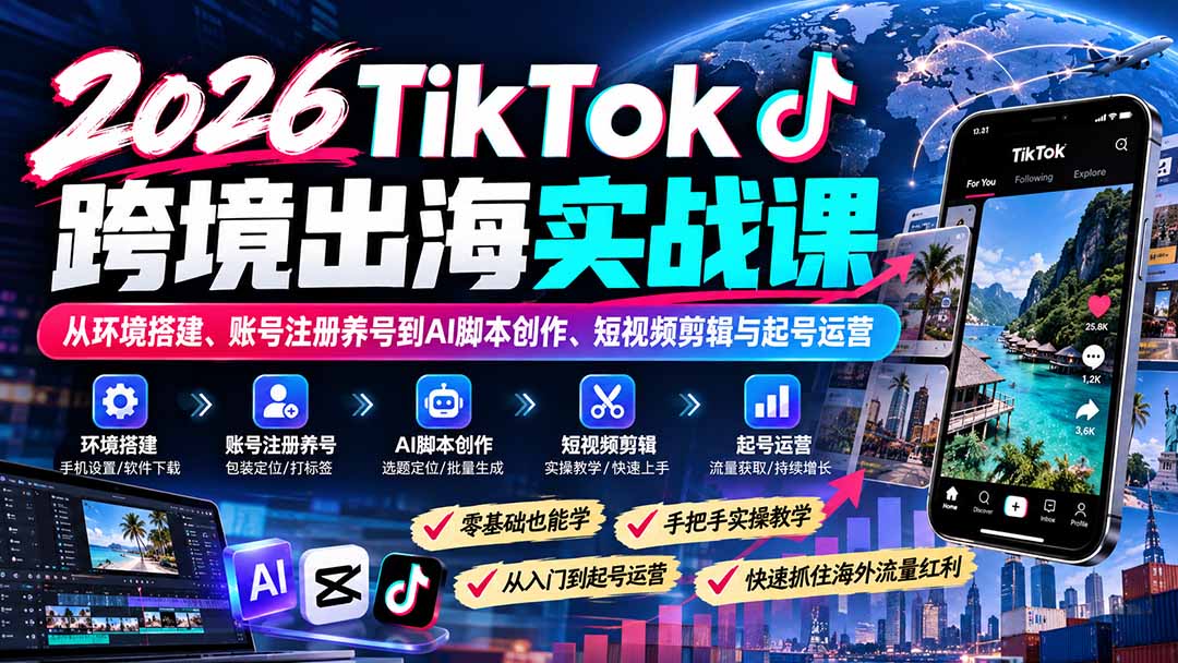 2026TikTok跨境出海实战:苹果手机环境搭建+AI脚本剪辑+账号注册养号起号运营全攻略 2026TikTok跨境出海实战:苹果手机环境搭建+AI脚本剪辑+账号注册养号起号运营全攻略