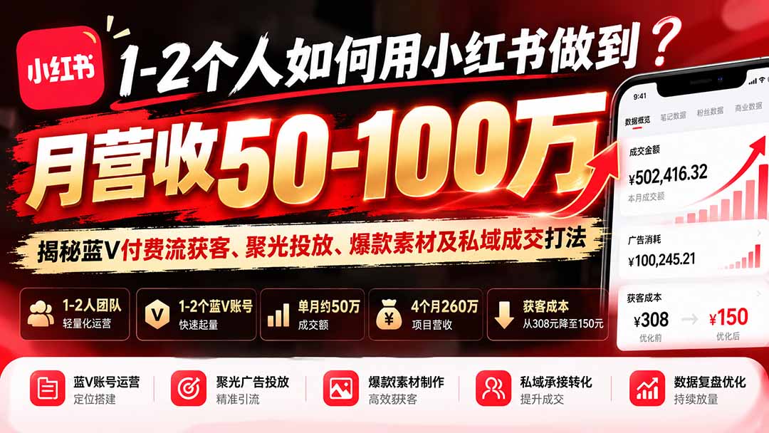 1-2人小红书变现50-100步骤万：蓝V付费流聚光投放获客与私域成交