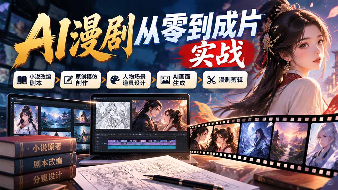 AI漫剧从零到成片实战：小说改编剧本+人物场景设计+AI画面生成与剪辑全流程