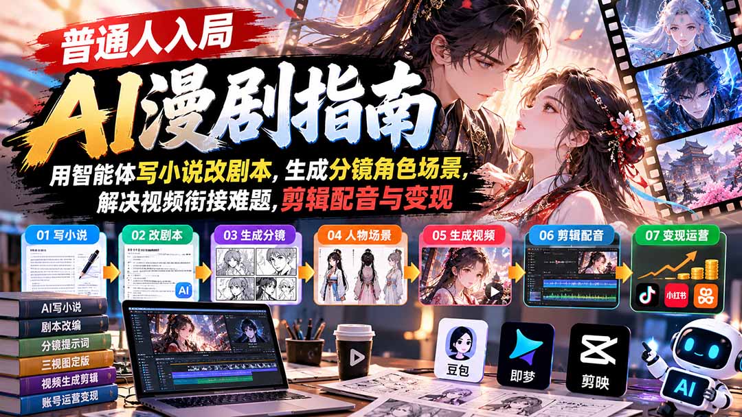 普通人AI漫剧制作全流程：豆包即梦写小说改剧本生成分镜角色场景视频衔接剪辑配音变现指南